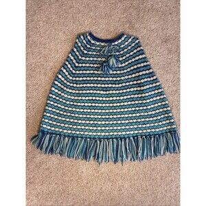 Vtg Hand Crochet Girls Poncho Blue Teal White Grannycore Boho 70s Kids Capelet
